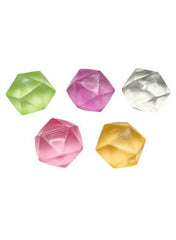 Assorted geometric squishy stress toys, green, pink, purple, silver, and yellow facets
