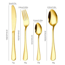 Gold-tone cutlery measurements chart: knife, fork, spoon, and teaspoon with weights