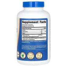 Nutricost spirulina supplement bottle back label, Supplement Facts, blue cap