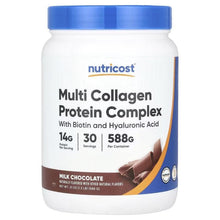 White supplement tub with blue lid, Multi Collagen Protein Complex milk chocolate label