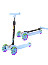 Kids 3-wheel scooter with light-blue deck, colorful flashing wheels, T-bar handle