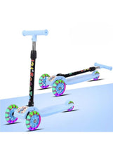 Kids 3-wheel scooter with light-blue deck and colorful flashing wheels, T-bar handle