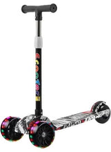 Kids three-wheel scooter with flashing wheels, graffiti deck and white handle stem