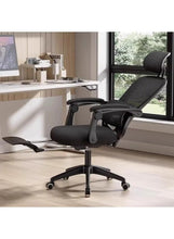 Black mesh ergonomic office chair with footrest, adjustable back, five-star base.