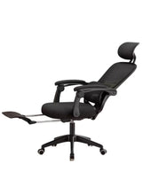 Black mesh office chair with footrest and adjustable lumbar support, five-star base.