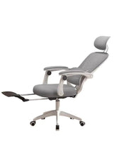 Gray mesh office chair with white frame, adjustable lumbar, and footrest