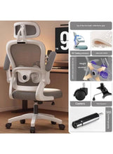 Ergonomic mesh office chair with headrest, gray seat and back, white frame and armrests