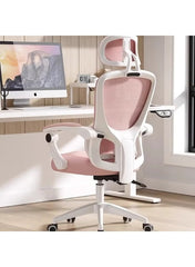 Ergonomic Reclining Office Chair with 3D Lumbar Support & Headrest – Pink Mesh, White Frame