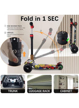 Foldable kids 3-wheel scooter folded for storage, graffiti deck and black wheels