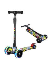 Foldable 3-Wheel Kids Scooter with Flash Wheels – Yellow Graffiti Off-Road Design