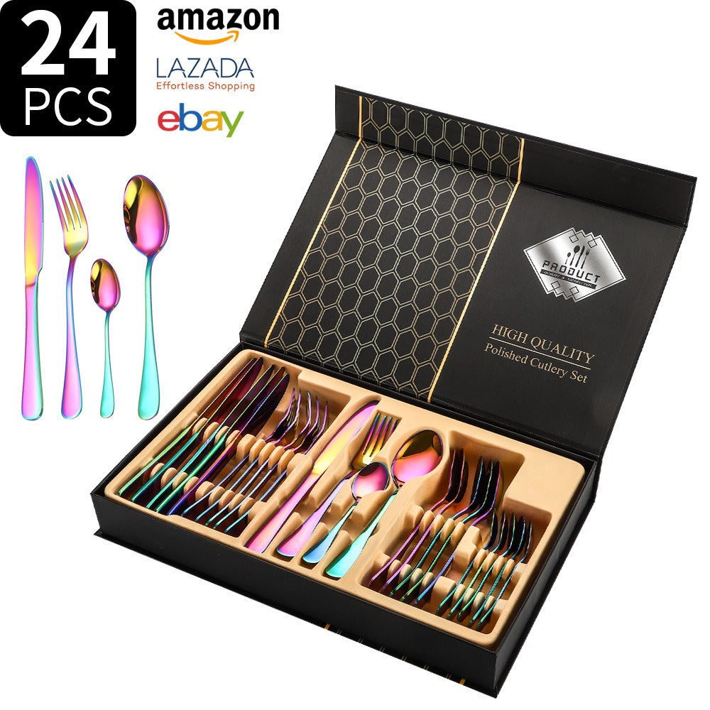 Cross-Border 24-Piece 1010 Stainless Steel Cutlery Set – Western Style Steak Knife, Fork & Spoon Gift Set