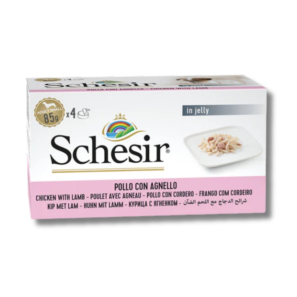 Schesir Dog Wet Food – Chicken Fillets with Lamb in Jelly, 340g (4 x 85g)