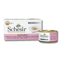Schesir wet dog food carton and can, chicken with lamb in jelly, 4 x 85g