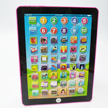 Pink kids learning tablet with colorful numbers, letters, and icons on screen