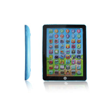 Blue kids learning tablet with screen showing numbers, letters, and colorful icons