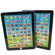 Two views of kids learning tablet showing front screens with numbers and picture icons