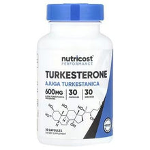 Turkesterone supplement bottle with blue cap; front label shows 600mg, 30 capsules