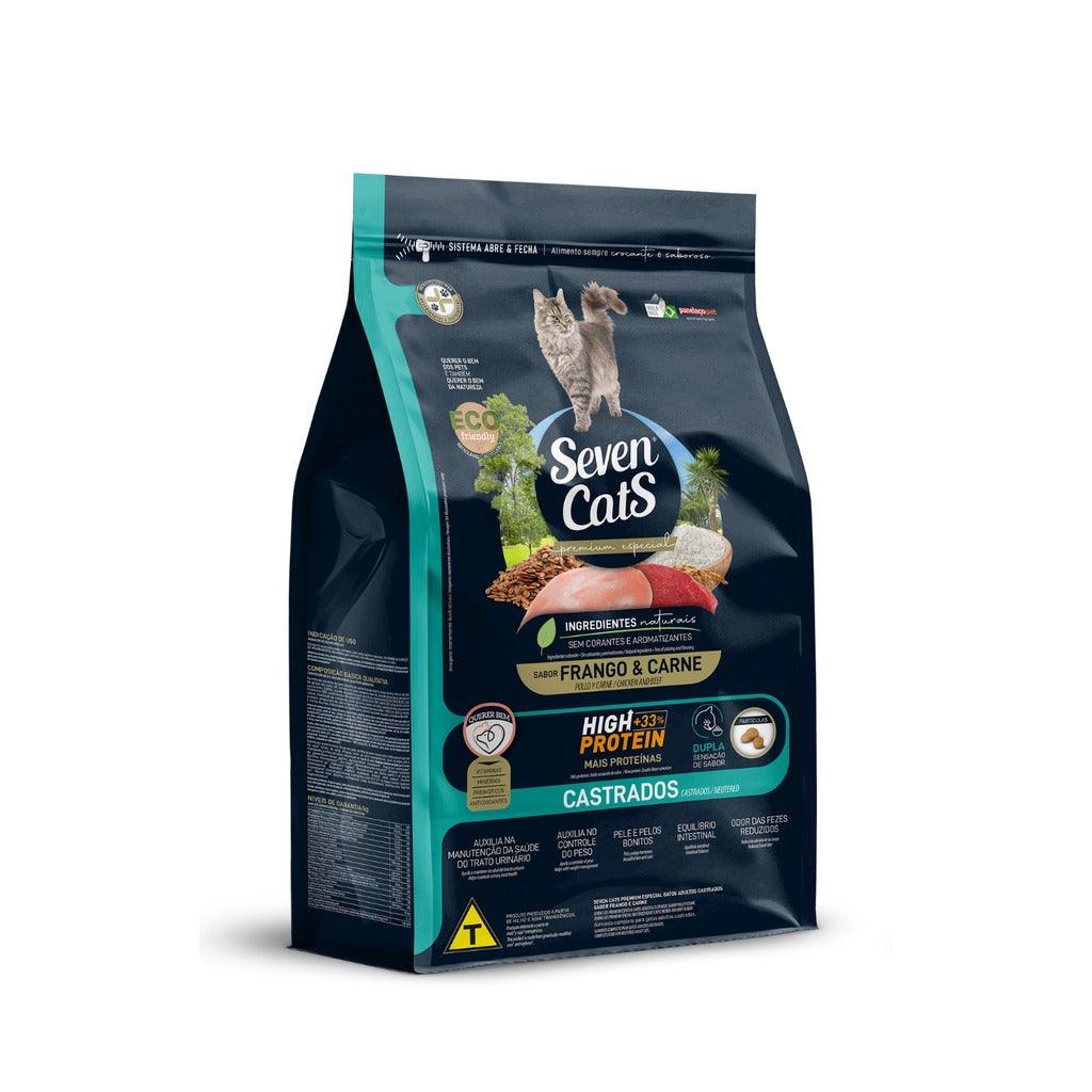 Seven Cats cat food bag with High Protein and Castrados labels