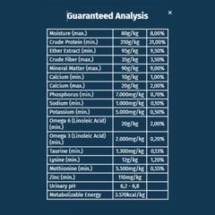 Cat food guaranteed analysis table of nutrients, minerals, and energy