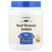 Beef Protein Isolate powder tub with front label, blue lid, chocolate flavored