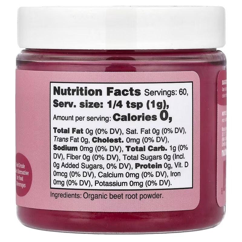 Organic beetroot powder in pink plastic jar with nutrition facts label