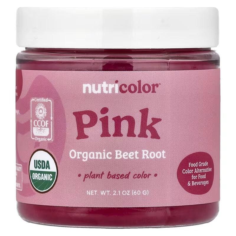 Pink organic beet root powder jar labeled Nutricolor Pink