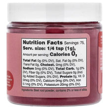 Beet root powder container with Nutrition Facts label on jar