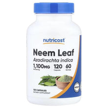 Neem leaf dietary supplement capsule bottle, 120 capsules, white with blue cap