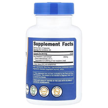 Nutricost red raspberry leaf supplement bottle, blue supplement facts label on back