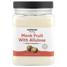 Monk fruit sweetener jar with allulose, clear plastic container, black ribbed lid