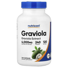 Nutricost Graviola extract supplement bottle with label and 240 capsules text