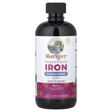 Vegan liquid iron supplement bottle, Berry flavor, dark bottle with black cap.
