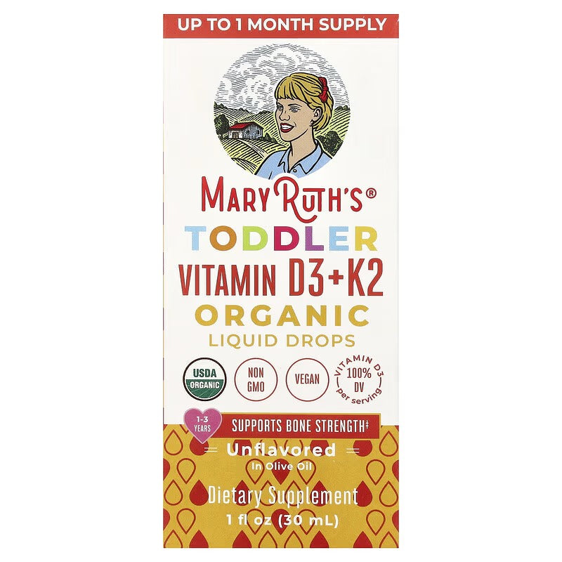 MaryRuth's Organic Toddler Vitamin D3 + K2 Liquid Drops, Unflavoured, 1 fl oz (30 ml) – For Ages 1–3 Years