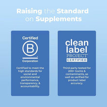 Clean label and Certified B Corporation badge icons for kids probiotic supplement