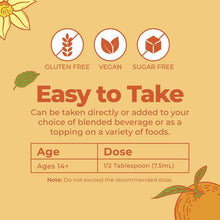 Vitamin C supplement infographic with Gluten Free, Vegan, Sugar Free and dosage chart