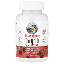 MaryRuth's CoQ10 gummies bottle with raspberry flavor label, white cap, fruit graphic