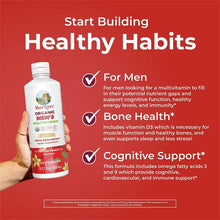 Men's multivitamin bottle with Vanilla Peach label, including bone and cognitive support claims.
