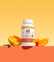 Vegan omega-3 gummies bottle with orange flavor and orange fruit slices
