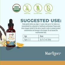 MaryRuth's organic toddler multivitamin liquid drops bottle with suggested use chart