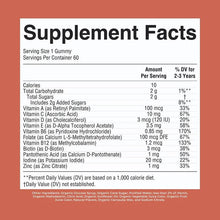 Supplement Facts label for toddler multivitamin gummies, serving size 1 gummy