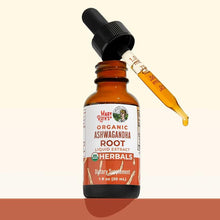 Amber dropper bottle of alcohol-free organic ashwagandha root liquid extract, 1 fl oz