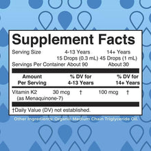 Supplement Facts label for vegan K2 MK7 organic liquid drops