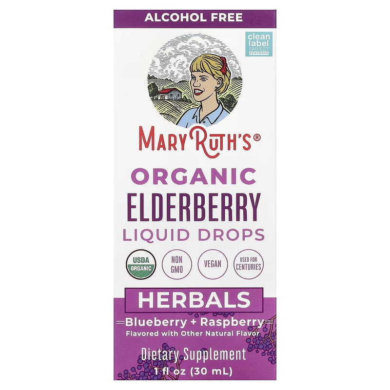 MaryRuth's, Organic Elderberry Liquid Drops, Blueberry + Raspberry, Alcohol Free, 1 fl oz (30 ml)