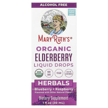 Organic elderberry liquid drops bottle, blueberry + raspberry, alcohol-free, 1 fl oz