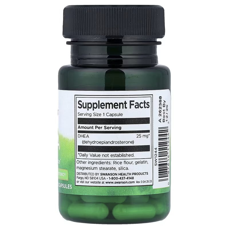 DHEA 25 mg supplement facts label on bottle; serving size 1 capsule