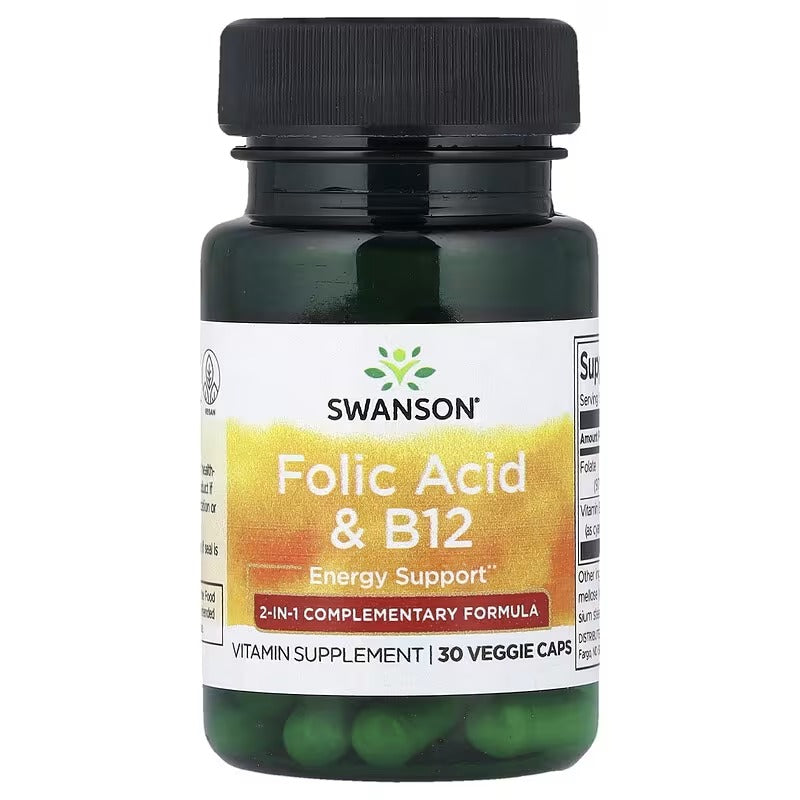 Swanson vitamin supplement bottle with black cap and Folic Acid & B12 label