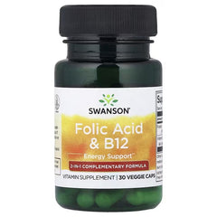 Swanson vitamin supplement bottle with black cap and Folic Acid & B12 label