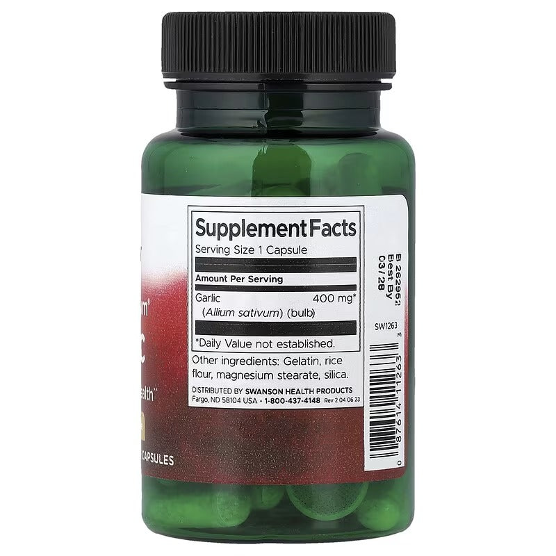Swanson Full Spectrum Garlic supplement bottle, back Supplement Facts panel