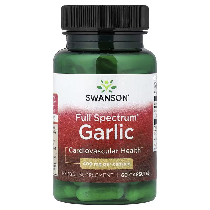 Swanson Full Spectrum Garlic supplement bottle with front label, 400 mg per capsule