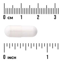 White zinc picolinate supplement capsule on ruler scale, 0–1 inch